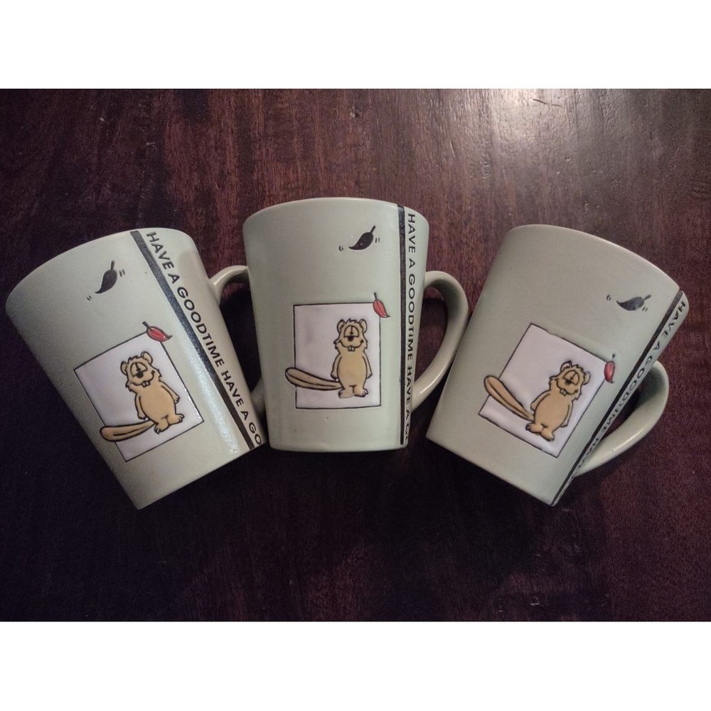 Set of 3 Cartoon Animal Coffee Mugs "Have a Good Time" Funny Beaver Cups 12oz